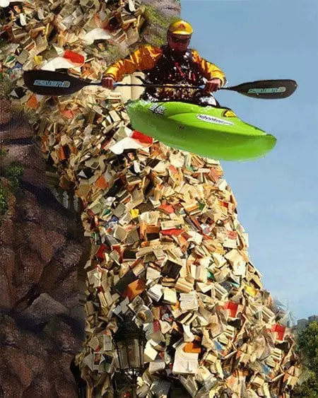 a man kayaking in a river of books